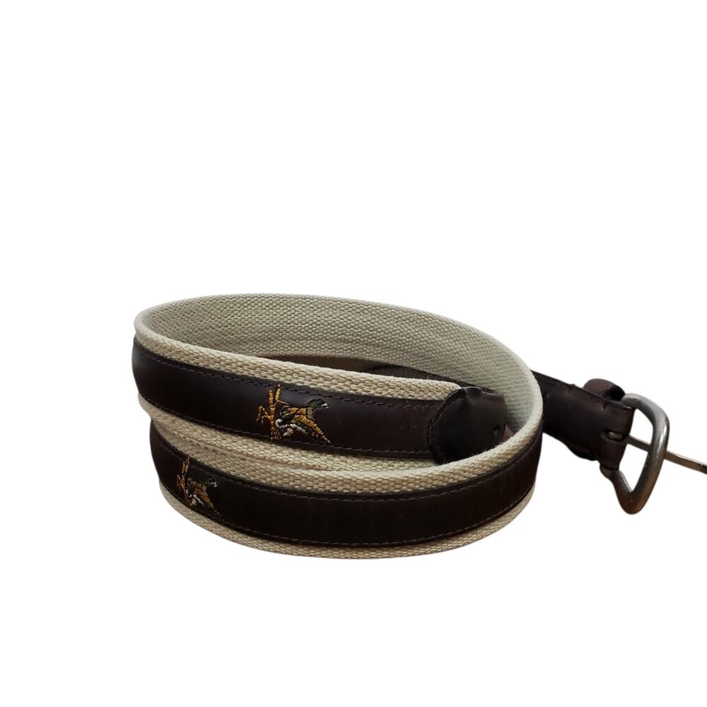 Vintage Columbia Leather Canvas Embroidered Belt Sz 40/100 Brown Fish Moose Hunt